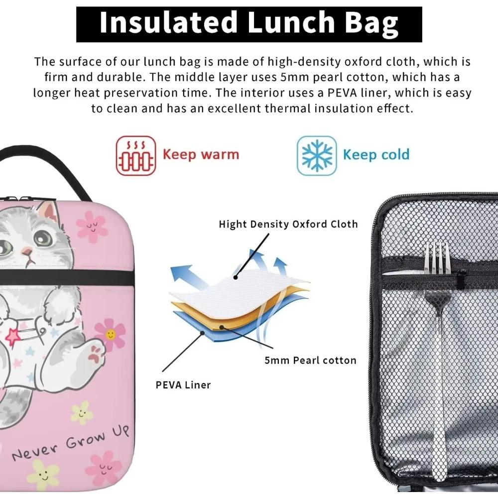 Cute Cat Pink Lunch Bag Reusable Double Leakproof Insulated Lunch Box Cooler Thermal Tote Bag for Work Picnic Travel Camping