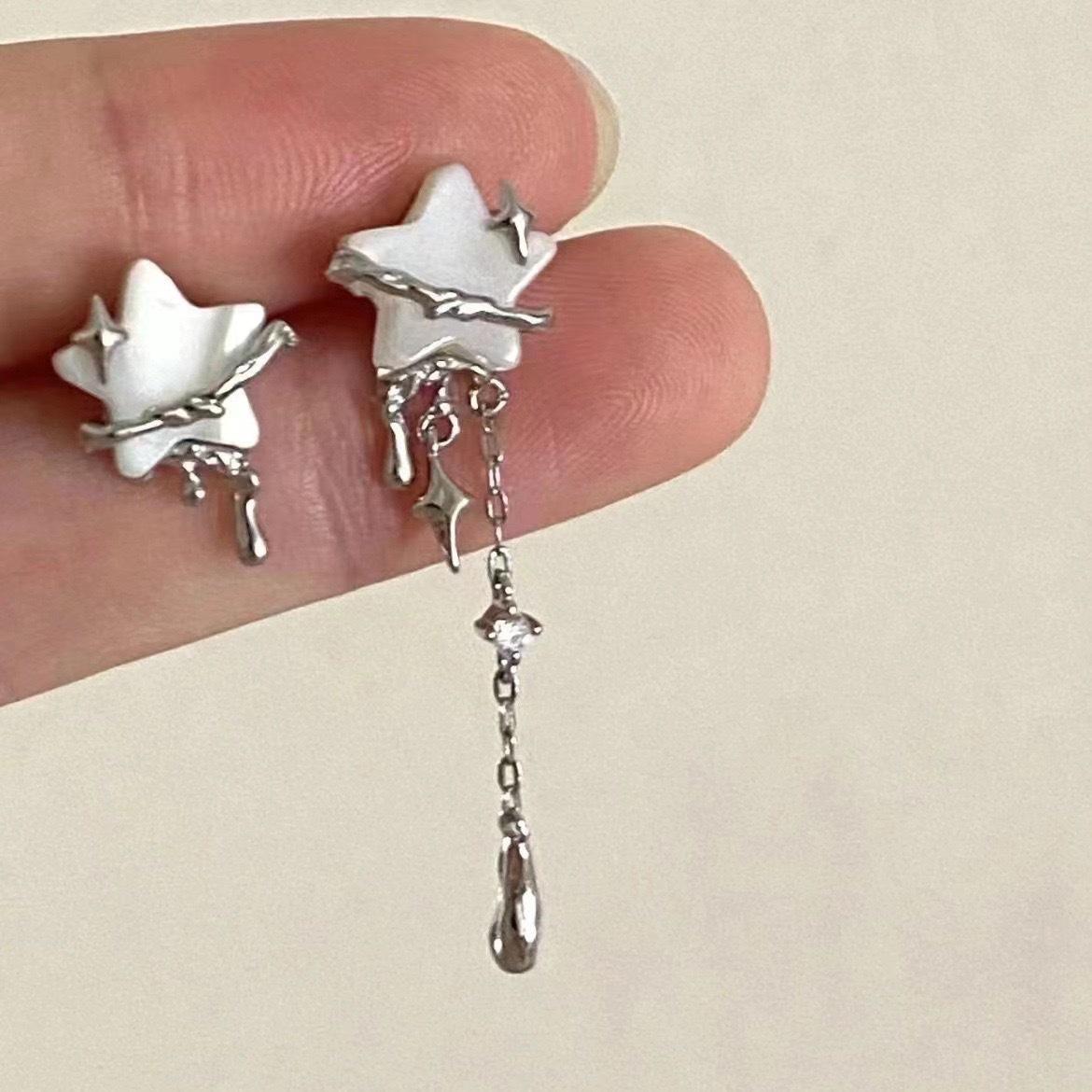 Tassel design sense asymmetrical star stud earrings silver needle earrings ins style temperament earrings
