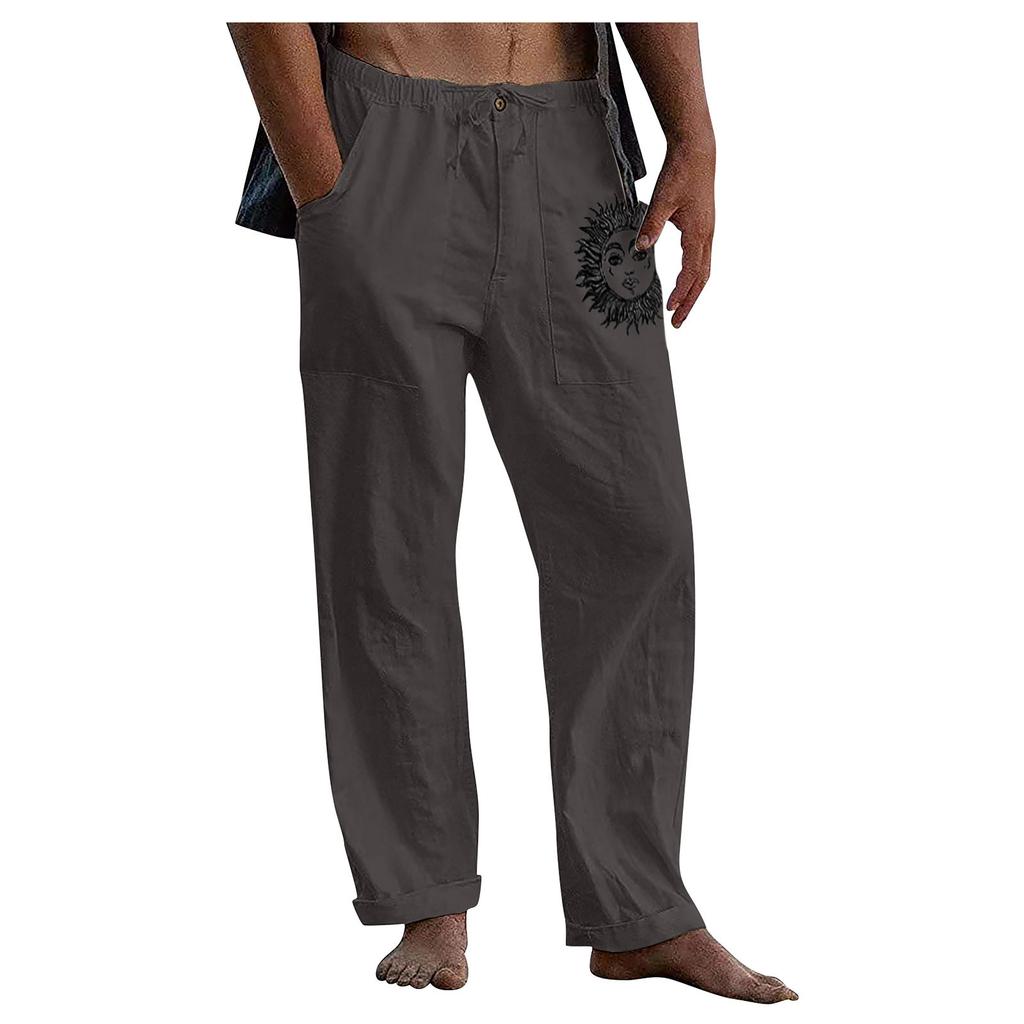 Men's Casual Loose And Comfortable Casual Pants Cotton Linen Printed Drawstring Trousers