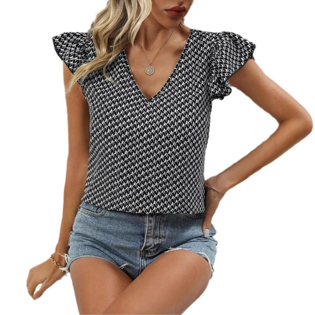 New European and American v-neck printed short-sleeved women's top