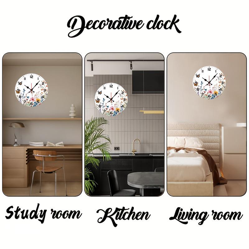 Pastoral Watercolor Wildflowers & Butterflies Silent Wall Clock for Living Room
