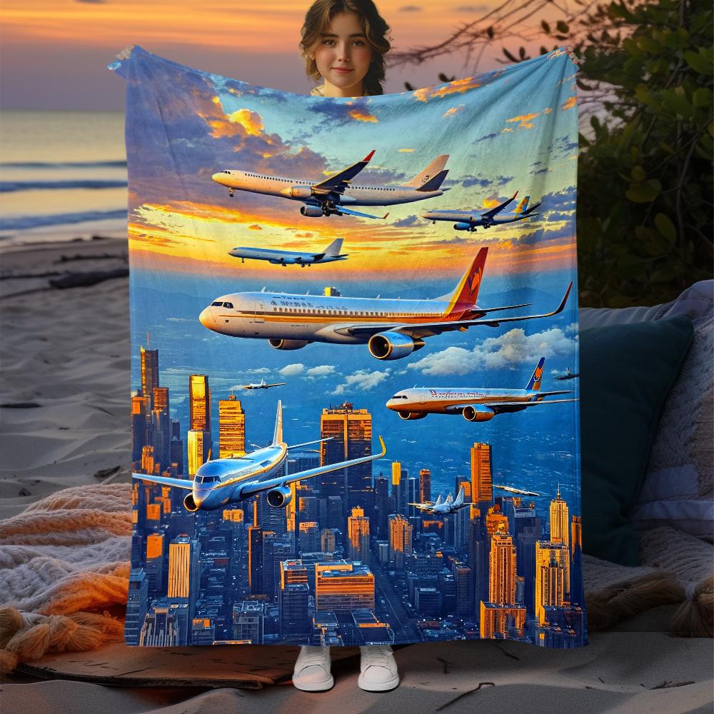 Aircraft Sunset City Print Flannel Blanket Lightweight for Sofa Camping Travel, Nice Gift for Family Friends