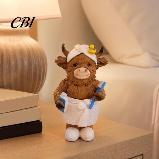 Warm Home Atmosphere Ornaments Highland Cow Bathroom Figurine, Bathrobe Statue, Wateroroof Hand Painted Resin Crafts Animal Ornament for Sink
