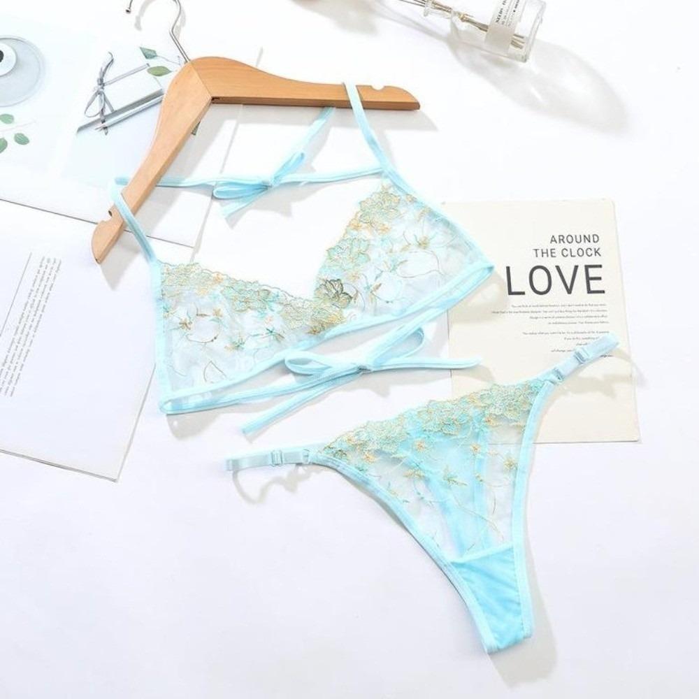 Thin Belt Thong Sheer Flower Thong Bra Set Embroidery Underwear for Women Romantic Night