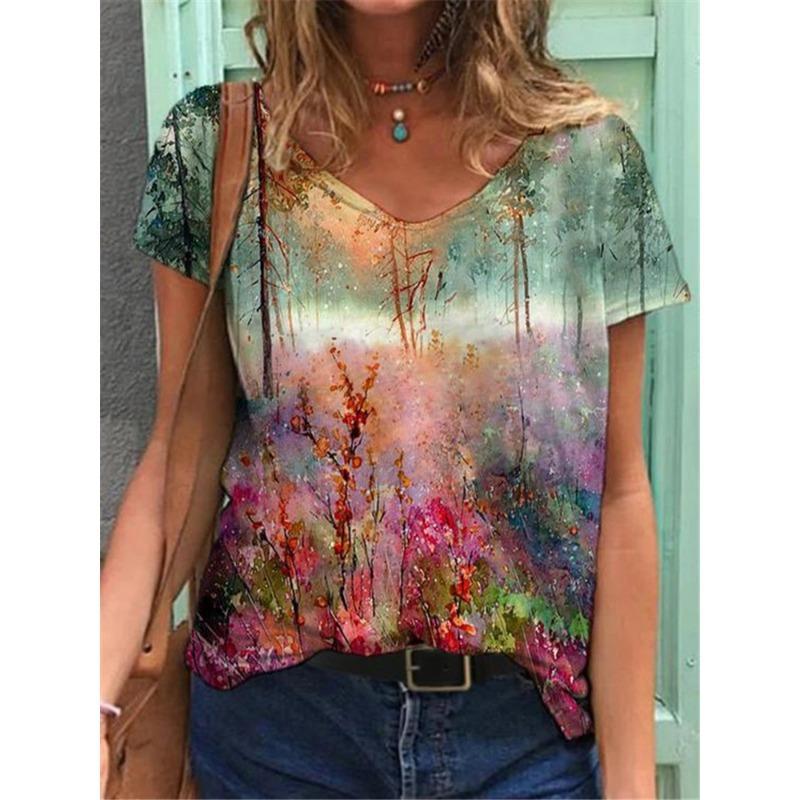 Summer V-neck 3D Ink Painting Flower Patterns Printed Top Fashionable Casual Short Sleeved Women's T-shirts