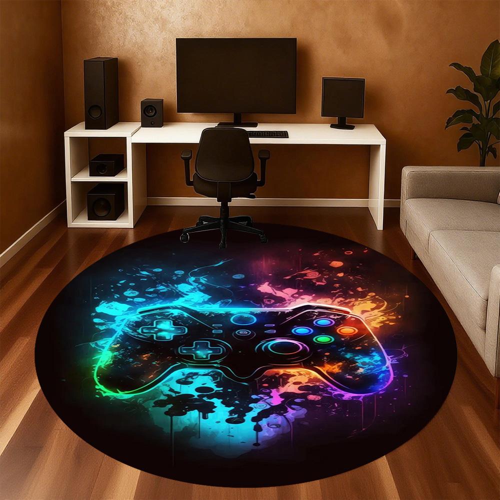 1PC Gaming Controller Neon Round Chair mat Area Rug - Non-Slip, Floor Mat for Office, Bedroom, home decor Christmas Gift c0528119