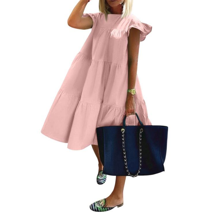 Ležérní volné šaty s volánkovými rukávy, kulatým výstřihem a jednobarevné pro ženy