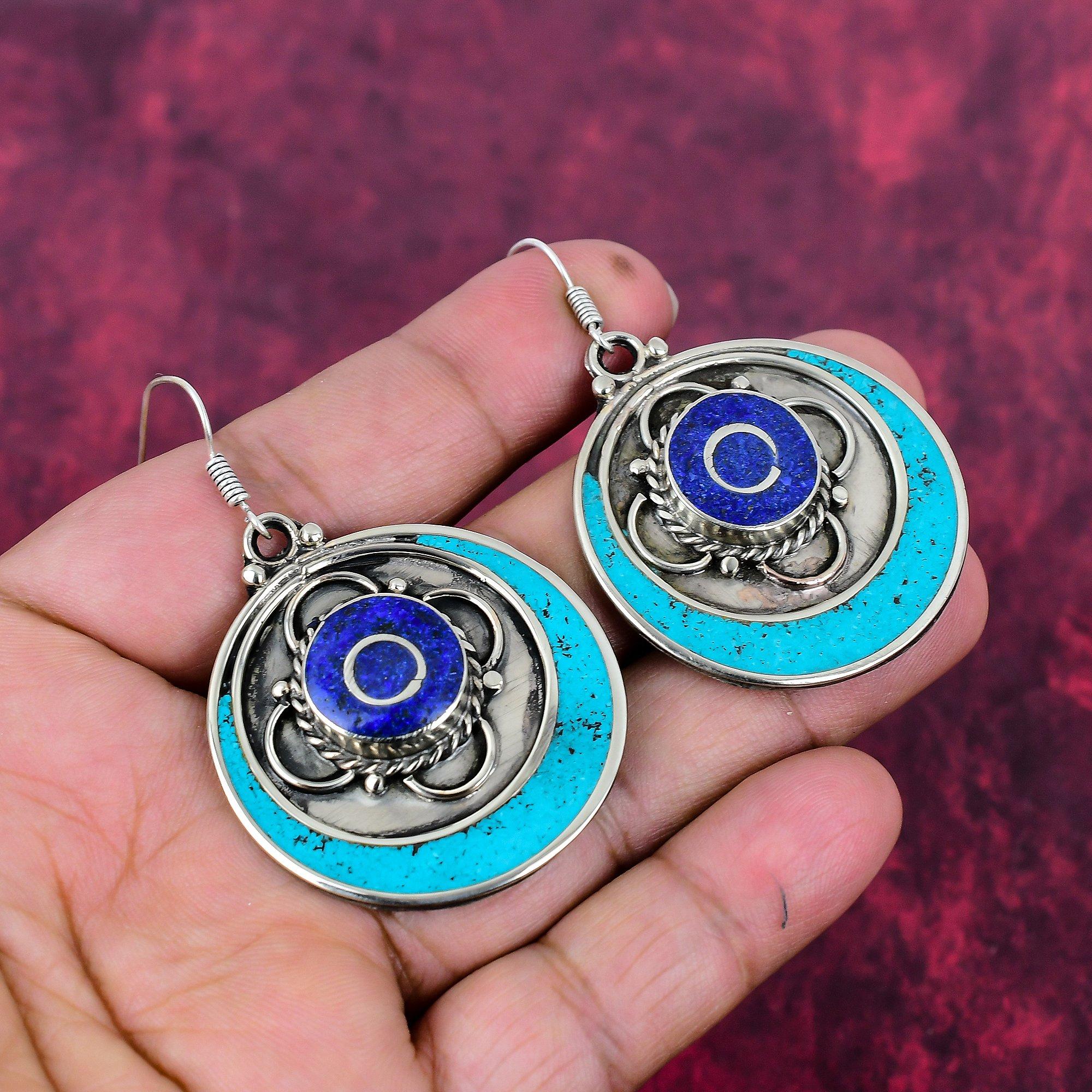 

Серьги из лазурита и бирюзы, Ювелирные изделия из драгоценных камней из стерлингового серебра 925 пробы, Серьги ручной работы, На День благодарения 2.28 Inches