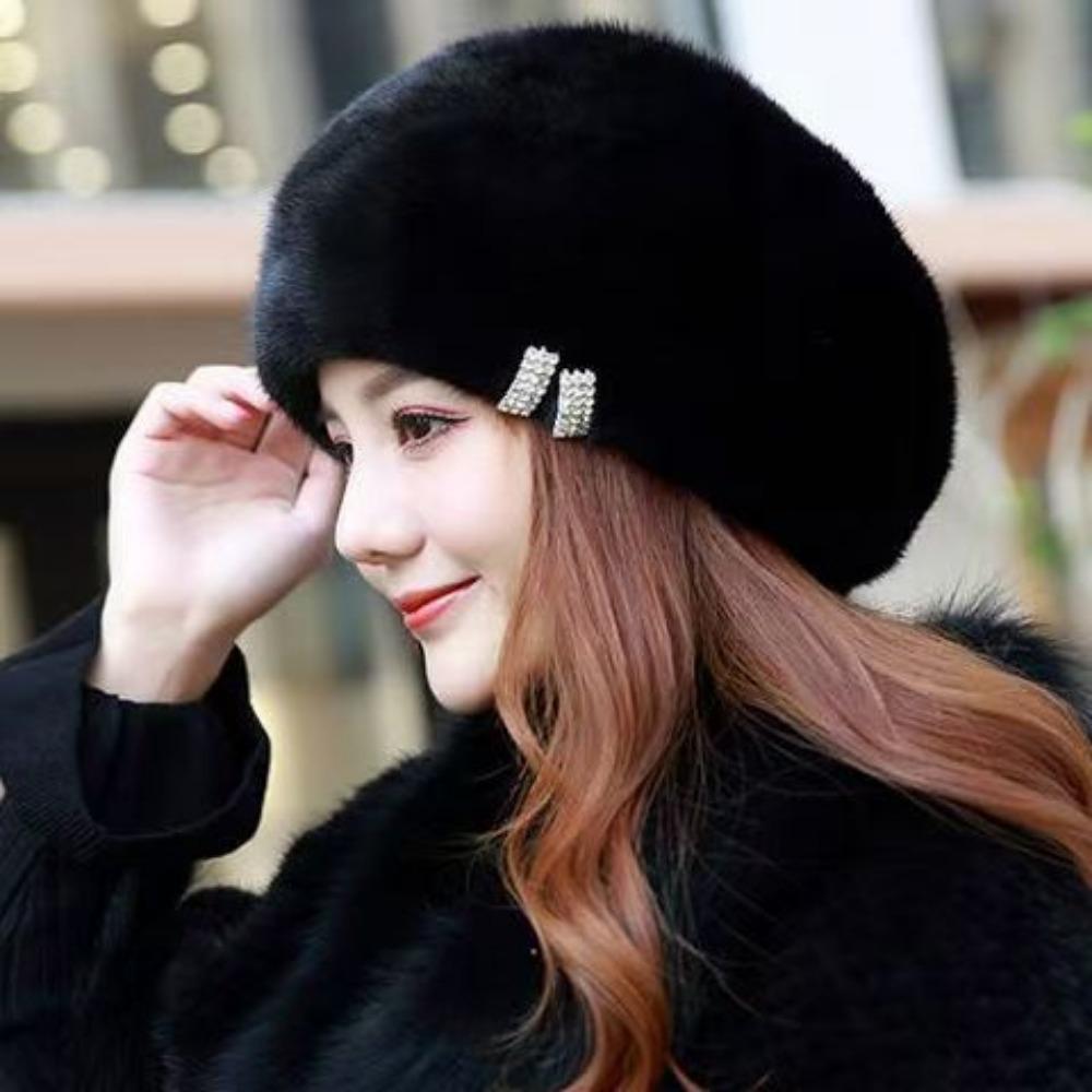 Mink Hat Women's Winter Warm Ear Protection Bag Head Middle-aged and Elderly Mother Model Beret Octagonal Snow Hat Imitation Fur