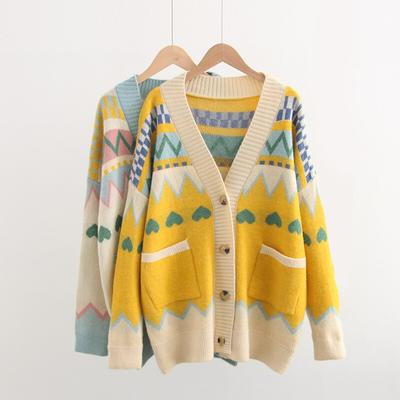 Toamnă și iarnă 2021 Cardigane pentru femei Noua versiune coreeană de tricot în formă de diamant Love Jacquard Pulover largi haină femei