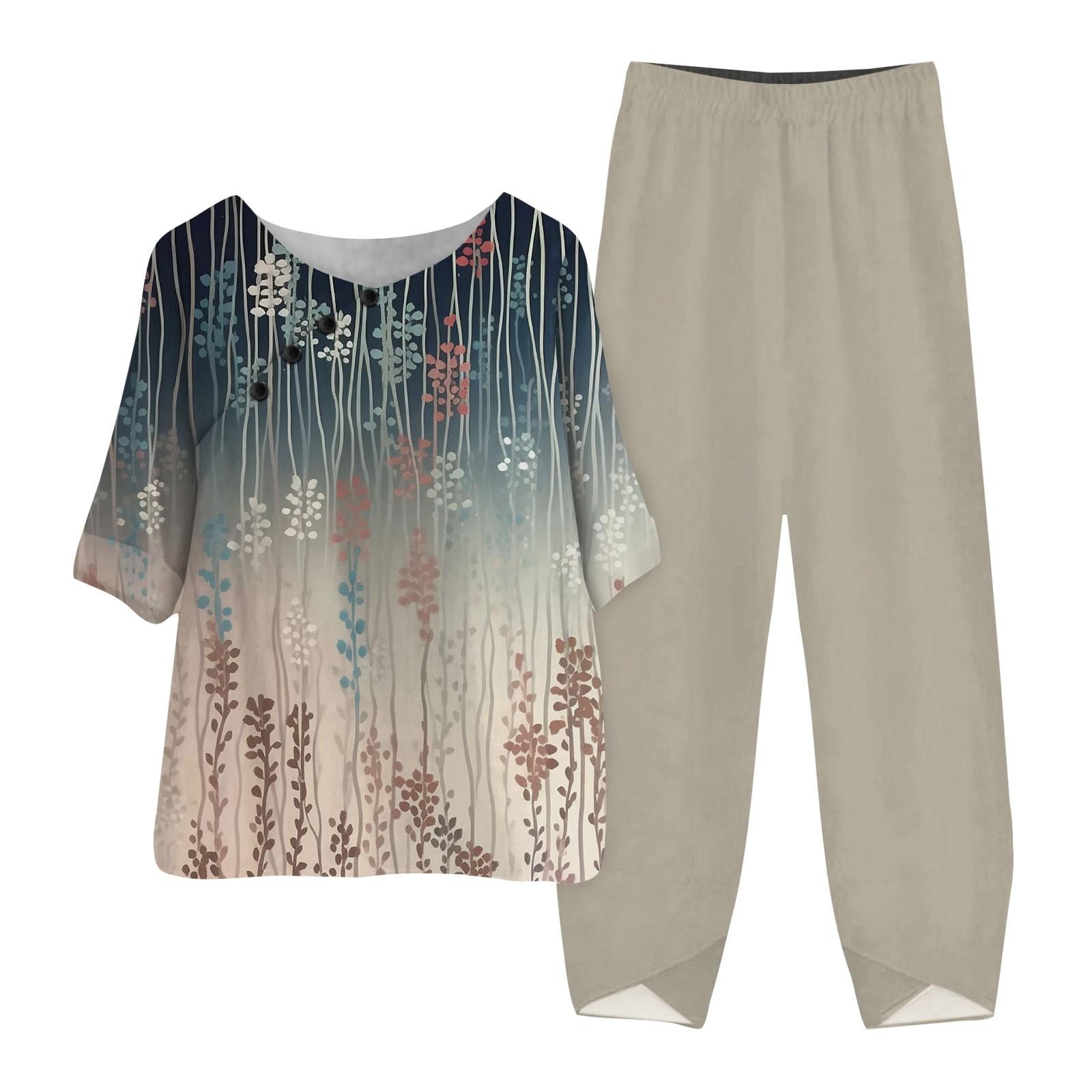 

Женские летние топы с короткими рукавами и принтом, эластичная талия, брюки из девяти предметов, комплект из двух предметов XL бежевый