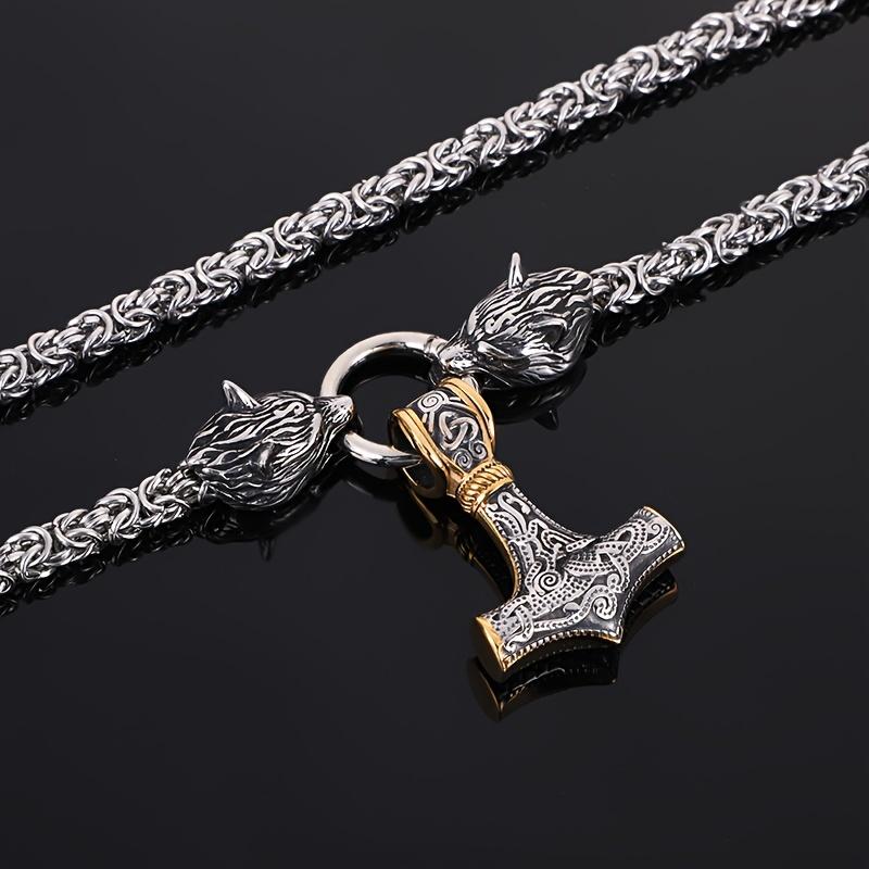 Viking Wolf and Valkhnut Men's Necklace - 201 Stainless Steel and Titanium Alloy, Norse Mythology Jewelry, Wolf Head Design