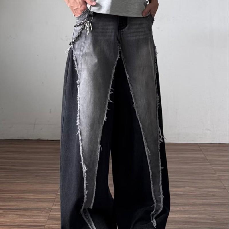 Mens Vintage Distressed Wide Leg Straight Cut Denim Jeans Black Grey Cotton Relaxed Fit Casual Pants