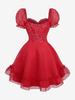 Rosegal Gothic Puff Sleeves Rose Flower Jacquard Organze Layered A Line Dress