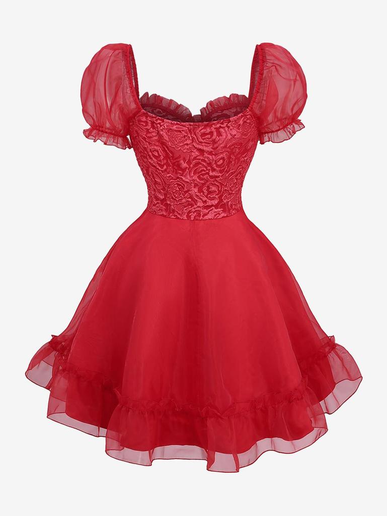 Rosegal Gothic Puff Sleeves Rose Flower Jacquard Organze Layered A Line Dress