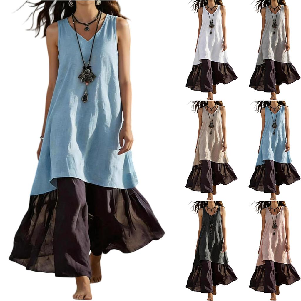 Women's Color Loose Fit Sleeveless V-Neck Maxi Dress, Casual Tank Dress