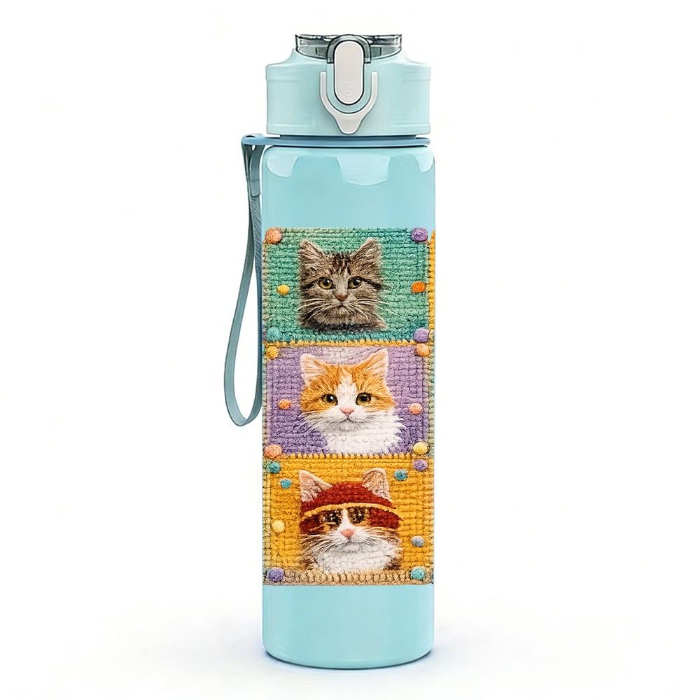 1PC Patchwork Tile With Multiple Cat Faces Print 750ml Color Plastic Sports Water Bottle Leakproof Flip Straw Lid Suitable for Sports Office Home Use