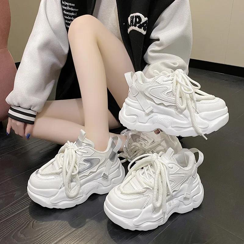 High Platform Sneakers Women Spring Autumn Lace Up Comfort Ventilate Non-slip Wedges Height Increasing Shoes Footwear