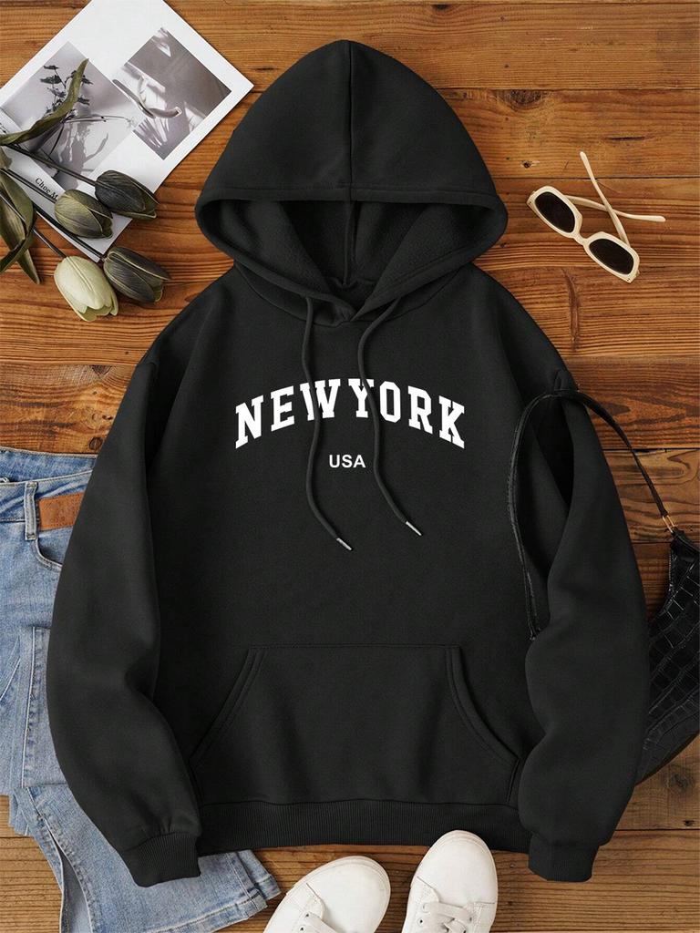New York Usa City Letter Graphic Sweatshirt Men Women Loose Fleece Hoodie Pullover Hoodies Crewneck Pocket Clothes Couple New