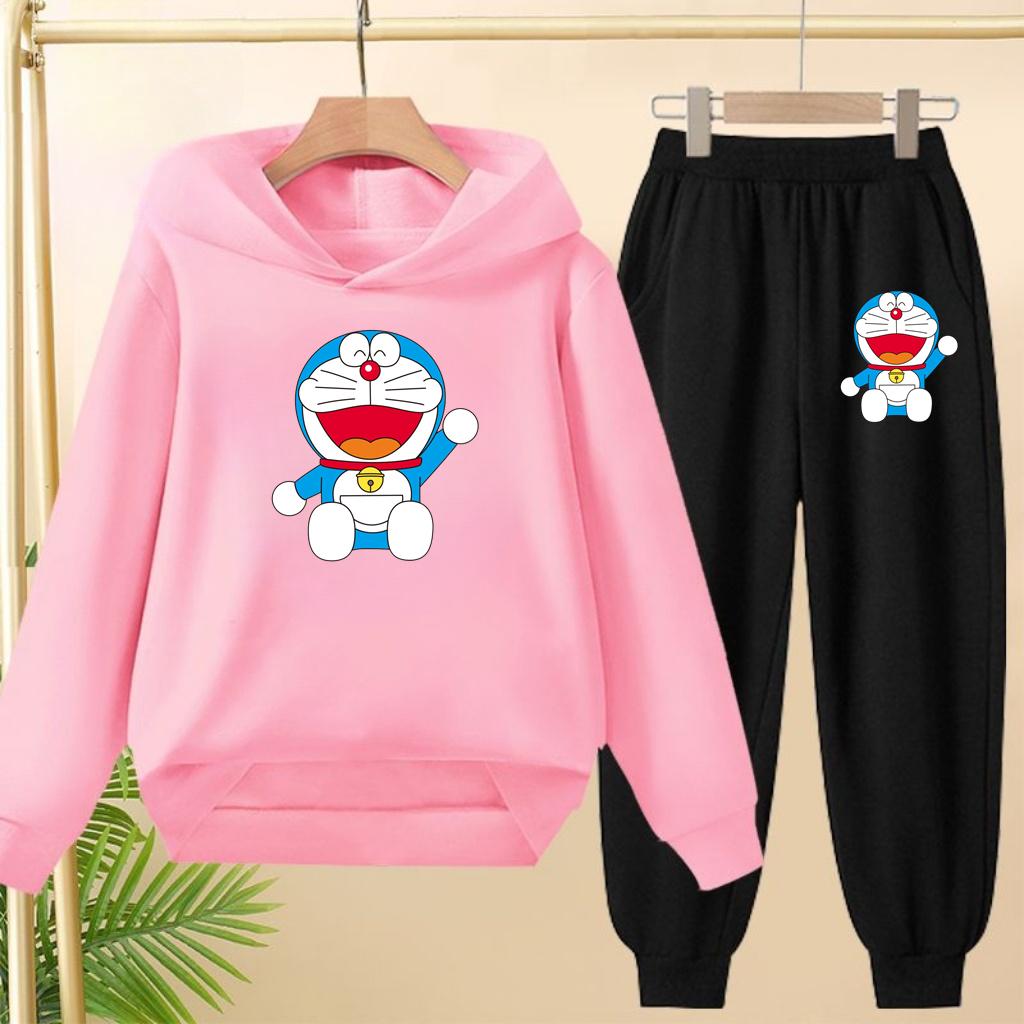 Set Felpa Invernale Calda per Bambini Doraemon, Maglia Lunga con Cappuccio Sportiva Casual e Pantaloni Lunghi Adatti a Bambini e Bambine dai 3 ai 12 Anni