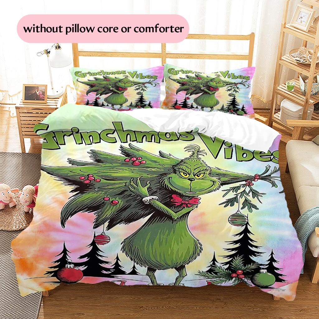 1 Stück Grinch-Muster Bettwäsche Steppdecke Set Bettbezug Kissenbezug Heimdekoration Geburtstagsgeschenk (1 Bettbezug + 2 Kissenbezüge, ohne Füllung)