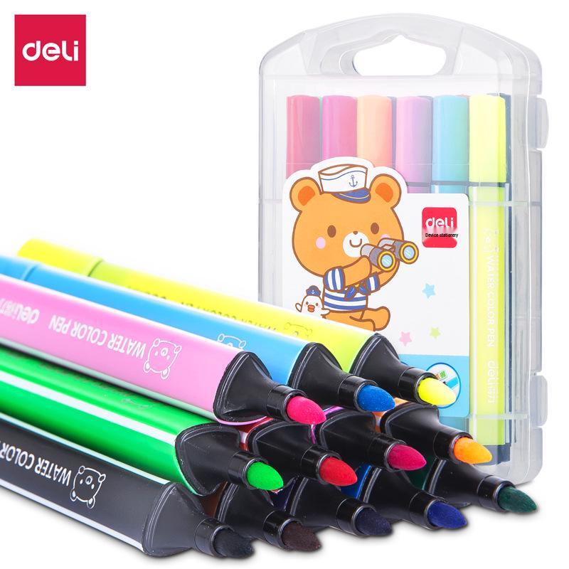 Deli Watercolor Pen Set for Kids: 12, 24, 36, or 48 Washable Triangular Grip Color Pens Pen Length 127mm