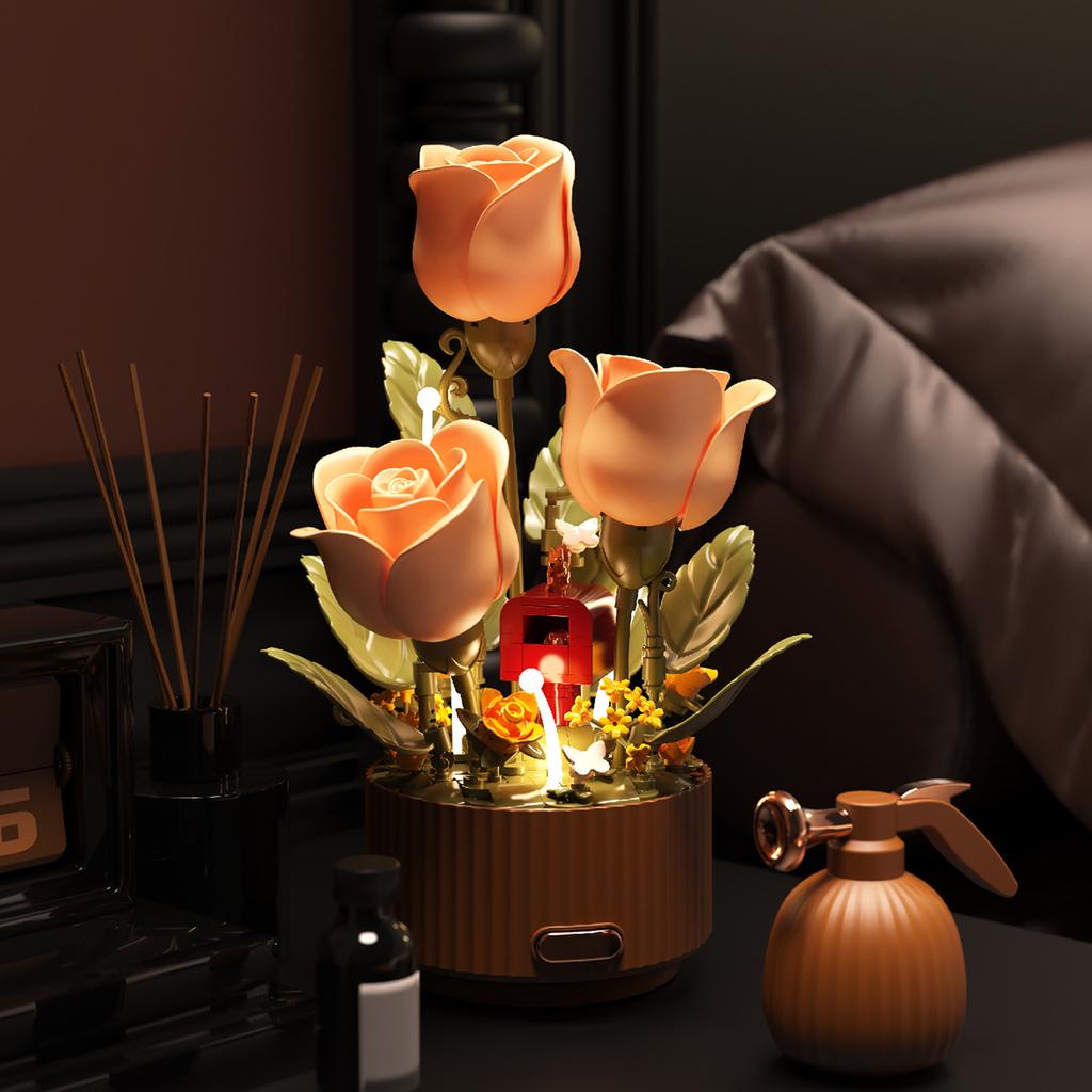 Dynamický kytice ze stavebních kostek Atmosférické světlo Aromaterapeutické noční světlo Modelová montáž Stabilizované květiny Valentýnský dárek