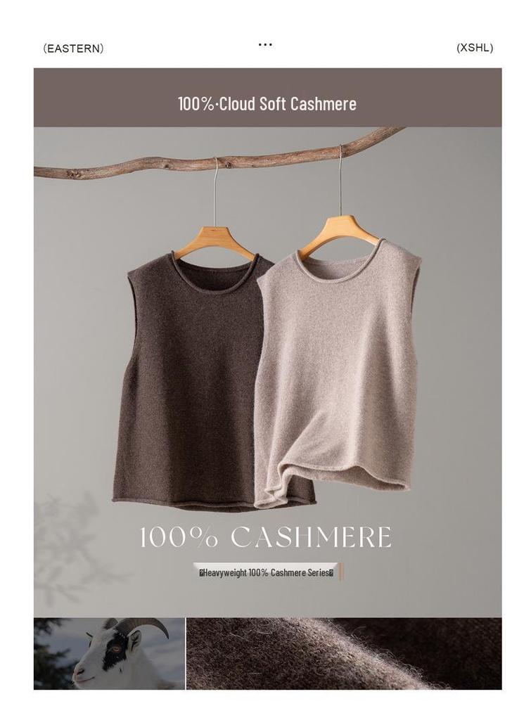 100% Pure Cashmere Rolled Hem Sleeveless Shawl Collar Women's Vest for Autumn/Winter