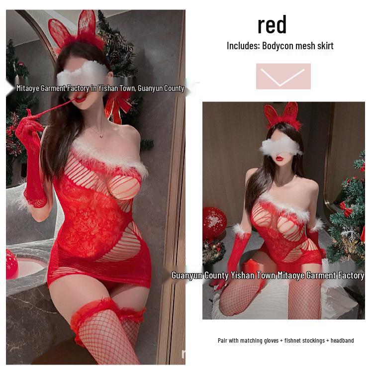 One-Shoulder Red Plush Christmas Bodycon Dress with Sheer Mesh Detail