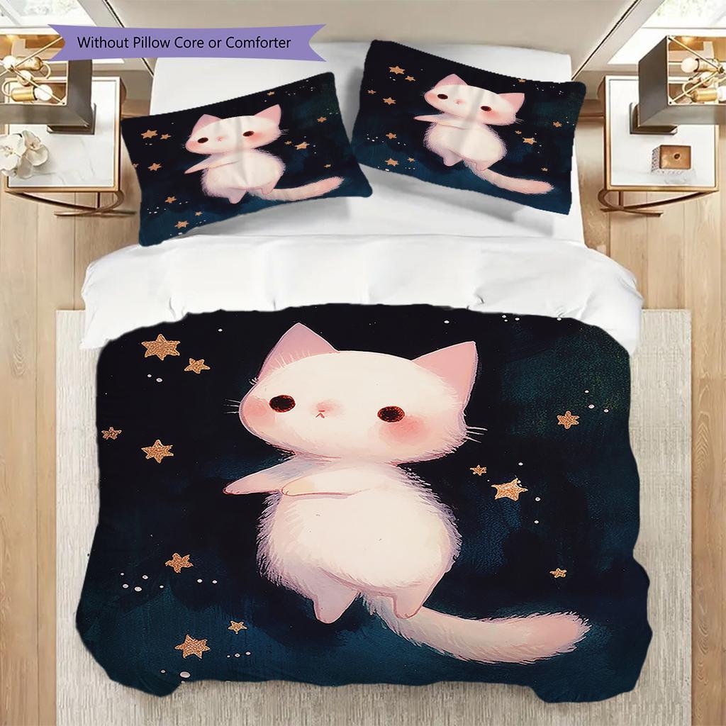 White Cat Pattern Bedding Quilt Set Quilt Cover Pillowcase Home Decoration Birthday Gift (1 * Duvet Cover + 2 * Pillowcase, Without Core)