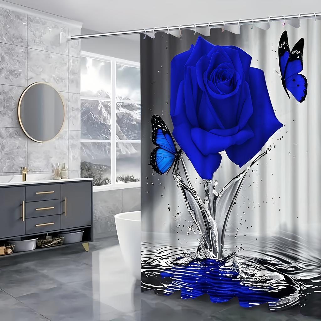 Dunkelblau Rose Schmetterling Muster Duschvorhang Set, Rutschfester Badezimmerteppich, Toiletten-U-förmiges Kissen, Toilettensitzbezug Kissen
