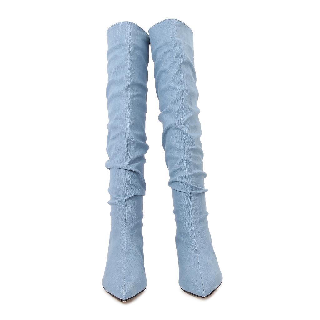 Mode Sexy Damen Jeans Overknee-Stiefel spitze Zehen dünne hohe Absätze Denim lange Stiefel Damen plissierte blaue Jeans Stiefeletten große Größe 43