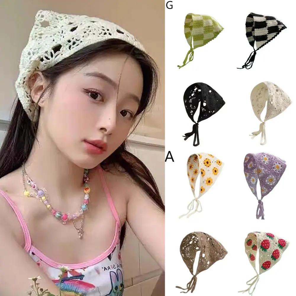French Pastoral Style Triangle Headband Handmade Crochet Flower Strawberry Headscarf Hat Knitted Girls Headband Towel