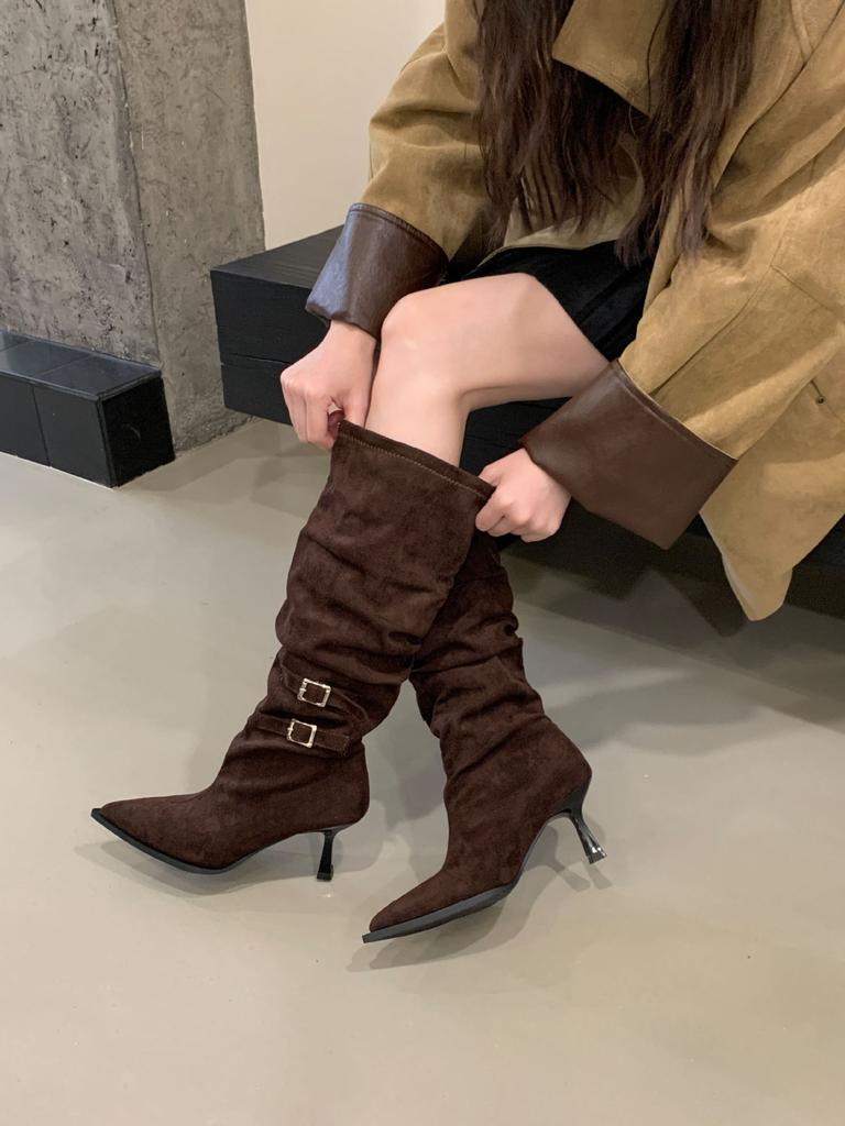 High-heeled boots women's 2025 autumn and winter new pointed-toed high-heeled European and American belt buckle high-heeled knight stacked boots