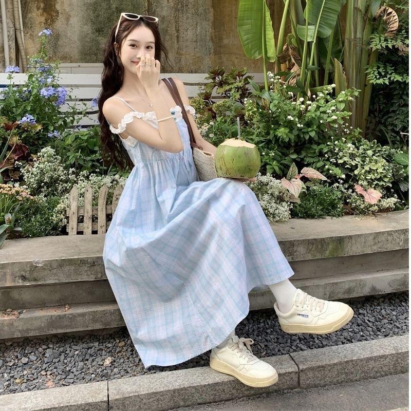 Salt girl plaid dress fake two pieces summer temperament suspender skirt schoolgirl sweet a word skirt