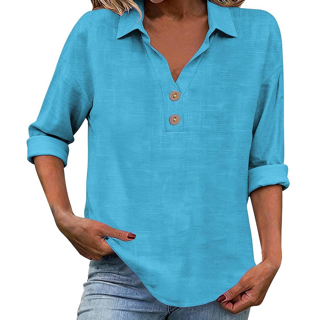 Women's Seven-Sleeve Cotton Linen Lapel Shirt - Solid Color, Casual, Breathable