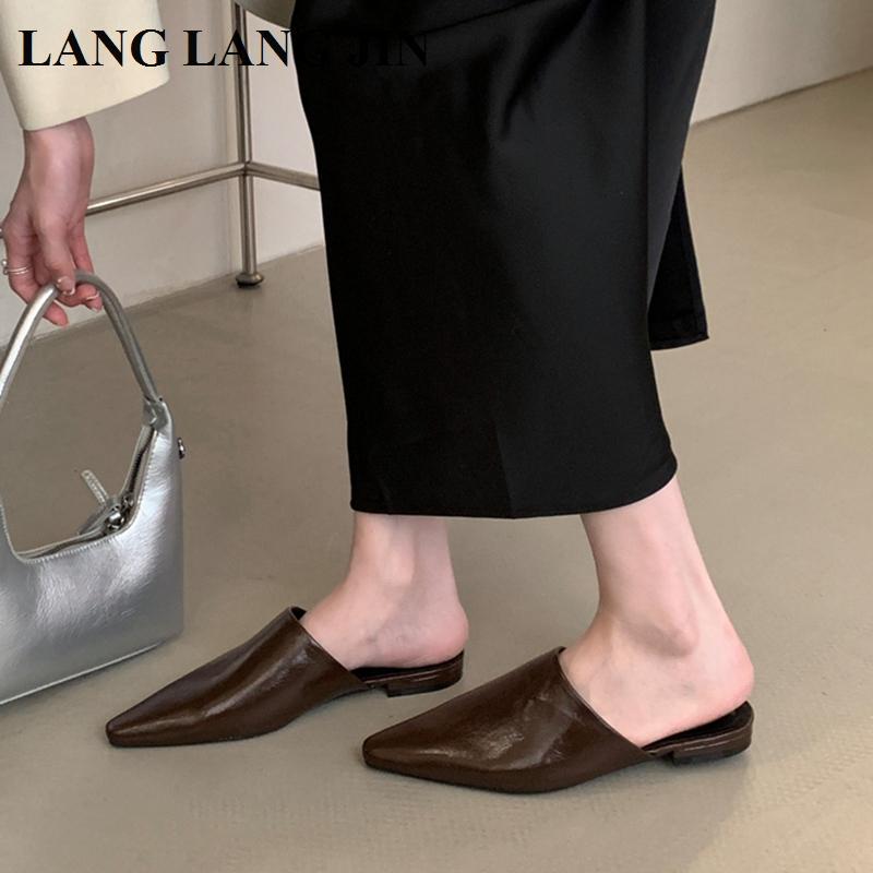 Designer 2025 Spring Pointed Toe Women Mule Slippers Female  Slip On Shoes Ladies Casual Loafers Flats Heel Slides Sandals Mujer