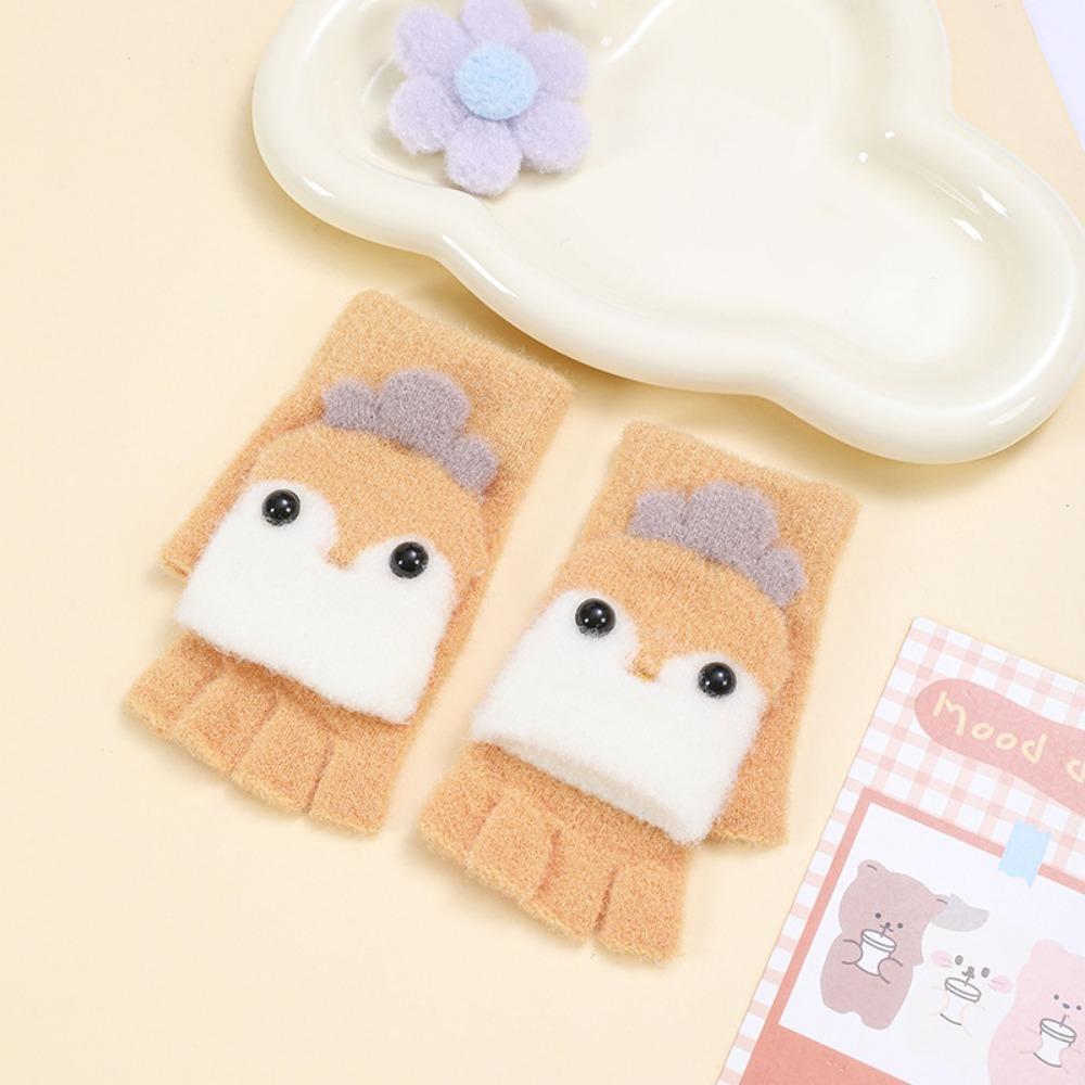 Winter Warm Children's Knitted Gloves Plush Thickened Cold Proof Students Write Outdoor Half Finger Flip Open Convenient Gloves