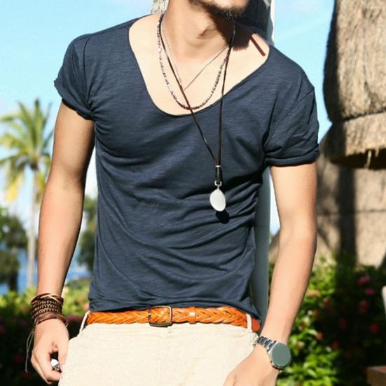 Men T-shirt Large V Neck Thin Solid Color Slim Fit Soft Short Sleeves Mid