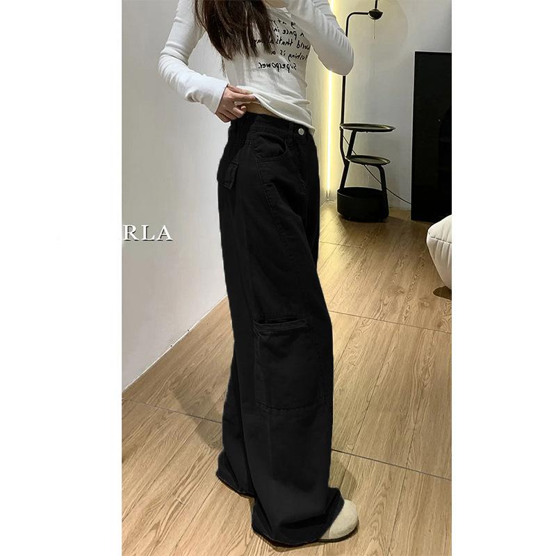 Womens High Waist Grey Cargo Wide Leg Jeans Casual Loose Streetwear Denim Trousers Y2K Style