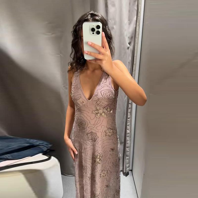 Mesh Sling Dress Women V-neck Diamonds Ruffles Long Dresses Female Backless Sleeveless Spring Summer Casual Lady Holiday Dress