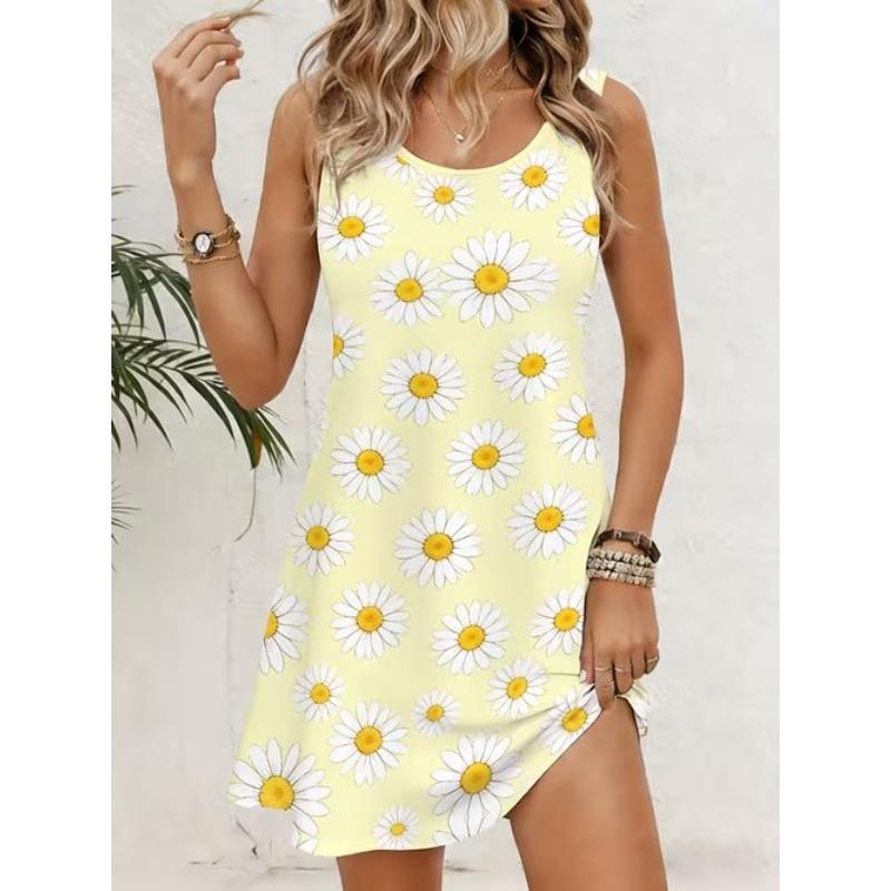 Women's Beautiful Flowers Printed Sleeveless Round Neck Dress Loose Soft and Comfortable Plus Size Dress