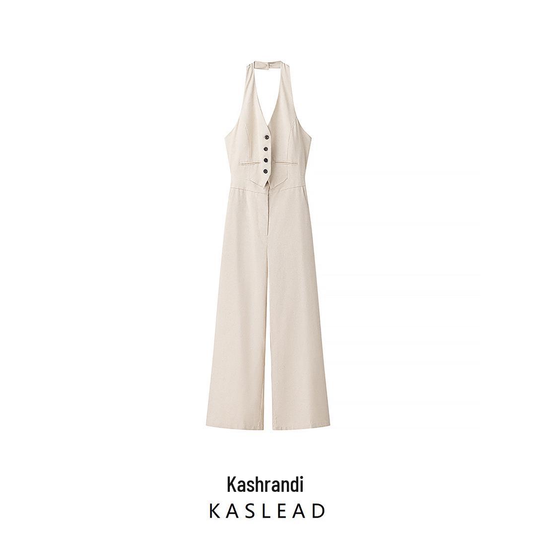 

2025 Spring Women s Fashion: European & American Style Solid Color Halter Jumpsuit with Button Detail Small