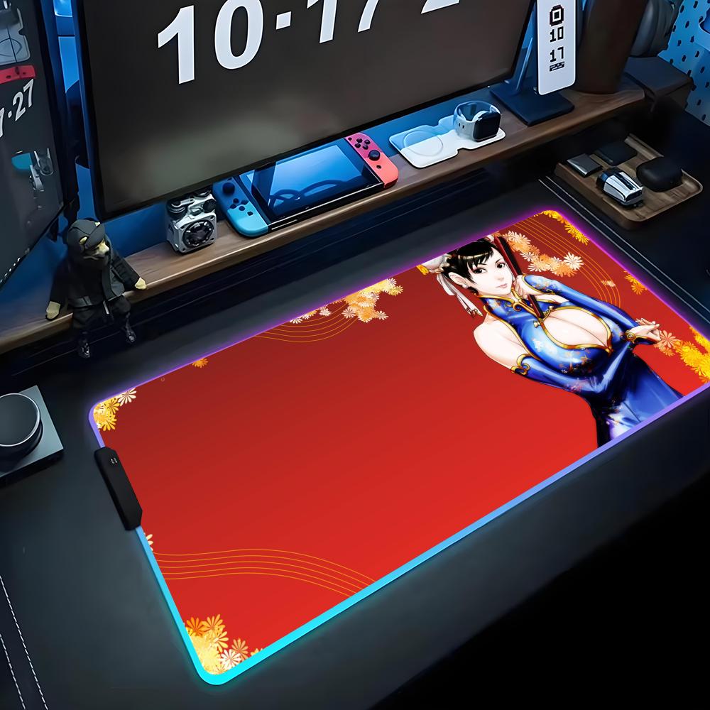 chun li Mouse Pad RGB Gaming Mousepad Big LED Pad PC Desk Mat Luminous Mouse Pad Large Keyboard Mats Table Rug With Backlit
