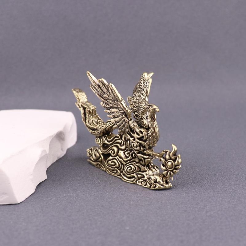 1Pcs Brass Phoenix Statue Auspicious Spreading Wings Desktop Hand Piece for Tea Ceremony Decor and Gift