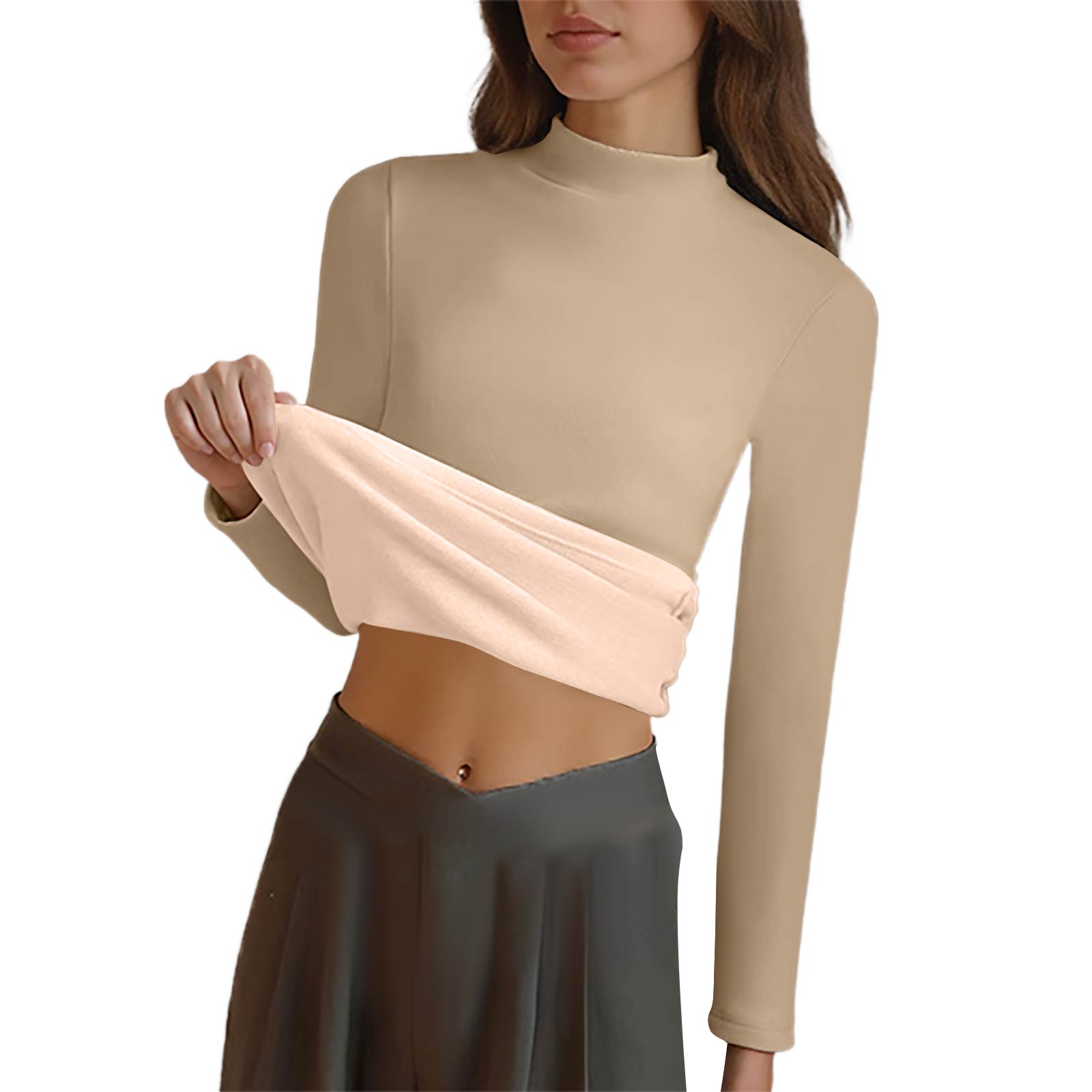 

Women s Fashionable Casual Round Neck Solid Fleece Long Sleeve Top M хаки