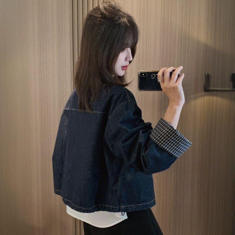 2025 Autumn Plaid Round Neck Korean Retro Denim Jacket