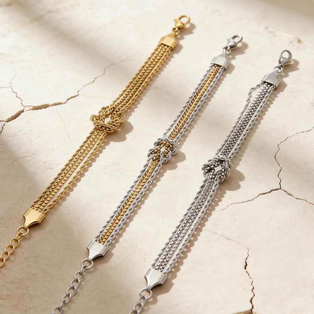 Personalized 18K Gold Electroplated Stainless Steel Knot Chain Bracelet: Modern Versatile European & American Hand Jewelry.