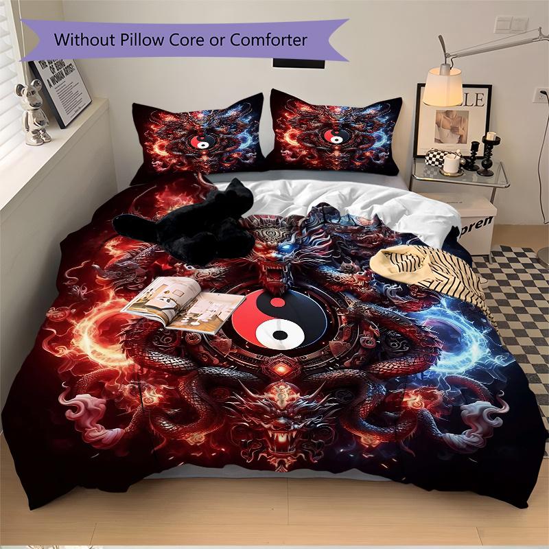 3pcs Fire and Ice Yin Yang Dragons Bedding Set - Includes Quilt Cover and Pillowcases, Suitable for All Seasons,