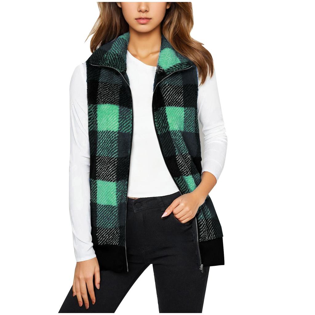 Women's Zipper Plaid Vest Sleeveless Lapel Front Cardigan Wool Sweater Autumn Fashion Plush Jacket Coat